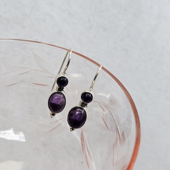 925 Sterling Silver Amethyst Drop Earrings Vintage - Picture 10 of 14